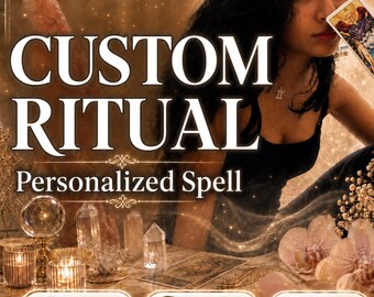 Puede incluir: Un servicio de ritual personalizado con el texto CUSTOM RITUAL Personalized Spell, Photo Proof, Same Day Casting, Fast Acting y By Amalia. La imagen muestra cristales de cuarzo transparente, una esfera de cristal, velas y cartas de tarot.