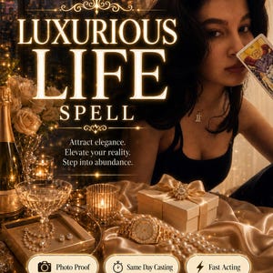 Pode incluir: Um gráfico digital com o texto LUXURIOUS LIFE SPELL, Attract elegance. Elevate your reality. Step into abundance. Photo Proof, Same Day Casting, Fast Acting, By Amalia. Inclui uma garrafa de champanhe, taça, pérolas, relógio e caixa de presente.