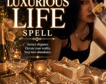 Puede incluir: Un gráfico digital con el texto LUXURIOUS LIFE SPELL, Attract elegance. Elevate your reality. Step into abundance. Photo Proof, Same Day Casting, Fast Acting, By Amalia. Incluye una botella de champán, copa, perlas, reloj y una caja de regalo.