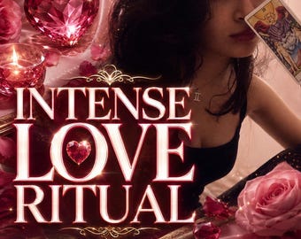 Puede incluir: Un gráfico promocional con el texto INTENSE LOVE RITUAL By Amalia, una persona sosteniendo una carta del tarot, una botella de cristal rosa con forma de corazón, una vela encendida, rosas rosas y cristales rojos. Botones con Photo Proof, Same Day Casting, Fast Acting.