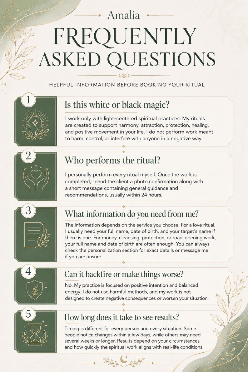 May include: An informational graphic titled Amalia Frequently Asked Questions with five numbered sections. Each section features a dark green icon and text explaining spiritual ritual services, including questions about magic types, performance, requirements, and results.