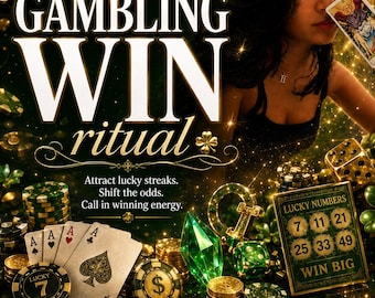 Puede incluir: Un gráfico digital con el texto GAMBLING WIN ritual, Attract lucky streaks. Shift the odds. Call in winning energy. PHOTO PROOF, SAME DAY CASTING, FAST ACTING, By Amalia. Incluye cartas de juego, fichas de póquer, dados y números de la suerte.