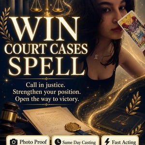 May include: A digital graphic featuring the text WIN COURT CASES SPELL, Call in justice. Strengthen your position. Open the way to victory. It displays a golden scale, a gavel, a legal petition with a wax seal, and a person holding a tarot card.