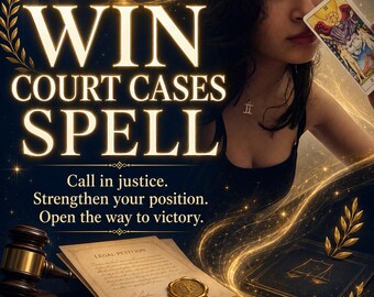 Puede incluir: Un gráfico digital con el texto WIN COURT CASES SPELL, Call in justice. Strengthen your position. Open the way to victory. Muestra una balanza dorada, un mazo, una petición legal con un sello de cera y una persona sosteniendo una carta de tarot.