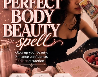 Puede incluir: Un gráfico digital con el texto PERFECT BODY BEAUTY SPELL, una botella de agua rosa con el texto Stronger Every Day, un cuaderno rosa con la etiqueta BODY GOALS, una banda de resistencia rosa, una mancuerna rosa y una cinta métrica.