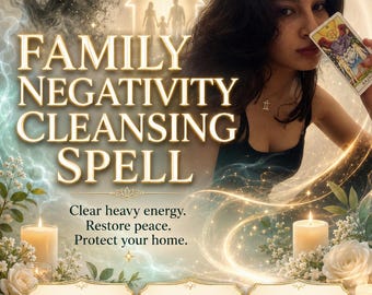 Puede incluir: Un gráfico digital con el texto FAMILY NEGATIVITY CLEANSING SPELL, Clear heavy energy. Restore peace. Protect your home. Photo Proof, Same Day Casting, Fast Acting, By Amalia. Incluye una persona sosteniendo una carta del tarot, velas y flores.
