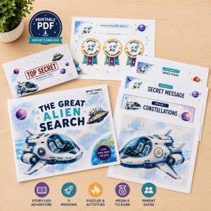 May include: A printable space-themed activity set featuring a Top Secret mission file, The Great Alien Search booklet, mission cards for constellations, secret messages, and space food, plus official space explorer medals with rocket illustrations.