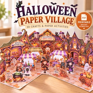 May include: A Halloween Paper Village 3D craft set featuring a witch's potion shop, a sweet shop, and various characters including witches, ghosts, and black cats. The set includes paper structures, stalls, and decorative elements with text reading Halloween Paper Village, 3D Crafts & Paper Activities, Witch's Potion Shop, Halloween Sweet Shop, and Sweets Treats.