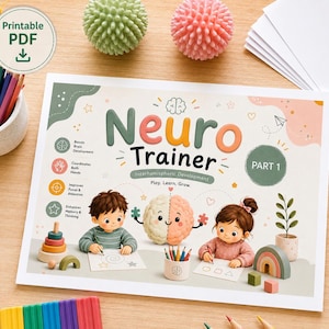 Pode incluir: Um documento PDF imprimível Neuro Trainer Part 1 com ilustrações de duas crianças desenhando, um personagem de cérebro dividido e texto educativo. A página inclui ícones para desenvolvimento cerebral, coordenação, foco e memória.