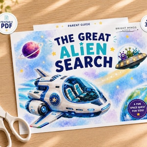 Space Quest afdrukbaar voor kinderen van 3-6 jaar | Buitenaardse schattenjacht | Binnenspeurtocht | Verjaardagsfeestje | Pdf-download