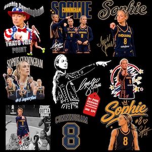 Puede incluir: Una colección de diseños gráficos digitales que presentan a la jugadora de baloncesto Sophie Cunningham con su camiseta de Indiana número 8. Las imágenes incluyen varias poses, tomas de acción, firmas y elementos de texto como Sophie Cunningham y That's The Point.
