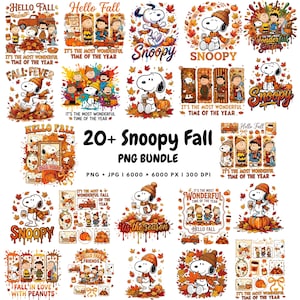 May include: A digital collection of over 20 Snoopy and Peanuts character illustrations featuring fall themes, pumpkins, autumn leaves, and text such as Hello Fall and It's the Most Wonderful Time of the Year, presented in a grid layout for download.
