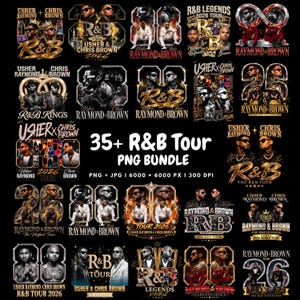 May include: A digital collection of 35+ R&B tour graphic designs featuring Usher and Chris Brown. The images include gold and silver typography, concert photography, and tour branding with text such as R&B Legends 2026 Tour, Raymond & Brown, and 35+ R&B Tour PNG Bundle, PNG + JPG | 6000 x 6000 PX | 300 DPI.