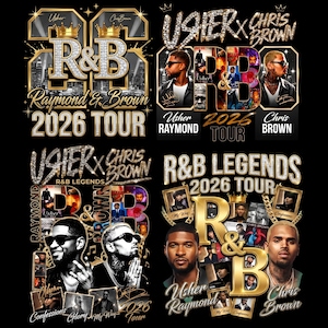 May include: A graphic design featuring four distinct layouts for an Usher and Chris Brown 2026 R&B tour. The designs incorporate gold lettering, diamond-textured typography, photographic portraits of the artists, and collage elements of album covers.