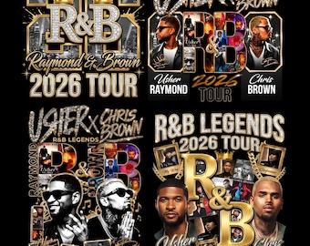 May include: A graphic design featuring four distinct layouts for an Usher and Chris Brown 2026 R&B tour. The designs incorporate gold lettering, diamond-textured typography, photographic portraits of the artists, and collage elements of album covers.