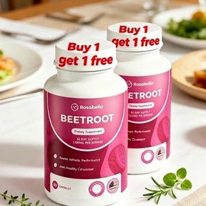 May include: Two white plastic bottles of Rosabella Beetroot dietary supplement with pink labels. The caps feature the red text Buy 1 get 1 free. Each bottle contains 60 capsules, provides a 30 day supply, and lists 1300mg per serving on the front.