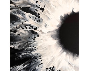 Monochrome Bloom | Original Acrylic Pour Painting | 12x16 Canvas Wall Art | Handmade Abstract Decor