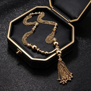 Gold Tassel Long Necklace, Gift for Women Daily Wear, Luxury Beaded Statement Jewelry