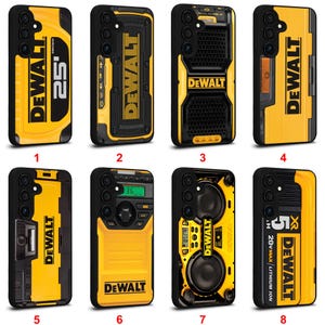 May include: Eight smartphone cases featuring yellow and black DeWalt branding. Designs include tool-inspired graphics like tape measures, speakers, battery packs, and radio interfaces, all with black protective borders and camera cutouts.