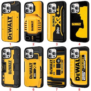 May include: A collection of eight protective phone cases featuring yellow and black DeWalt branding. Each case displays unique industrial designs, including battery pack graphics, tool textures, and text such as 20V MAX, XR, and TOUGH SERIES.