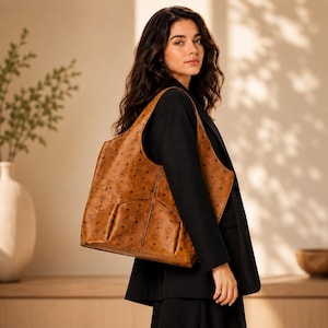 Handmade MCM Cognac real Leather Leni Shopper in Visetos