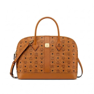 MCM Style Cognac Leather Weekender Travel Bag – Monogram Duffel (16.1 x 12.6 x 6.9 in)