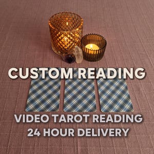 May include: Three tarot cards with a blue and white plaid pattern are arranged in a row. Above them are two glass candle holders with lit candles and two small crystals. The text reads CUSTOM READING, VIDEO TAROT READING, 24 HOUR DELIVERY.