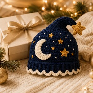 May include: A dark blue crochet hat featuring a cream-colored crescent moon, several yellow stars, and small white dots. The hat has a pointed top with a yellow star attached to the tip and a scalloped cream-colored border along the bottom edge.