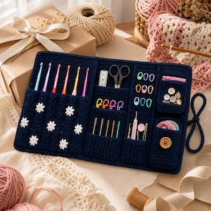 May include: A dark blue crocheted organizer roll featuring white flower appliques, containing colorful crochet hooks, metal scissors, a small measuring tape, plastic stitch markers, sewing needles, a pink zipper pouch, buttons, and yarn.