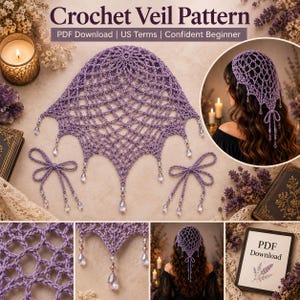 May include: A lavender crochet veil pattern featuring a diamond mesh design with dangling clear teardrop beads at the points. The set includes two matching lavender crochet ties with beads. Text reads: Crochet Veil Pattern, PDF Download.