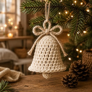 May include: A cream-colored crocheted bell ornament featuring a textured stitch pattern. The bell is topped with a decorative jute twine bow and a matching loop for hanging, with a small crocheted ball suspended inside the center of the bell.