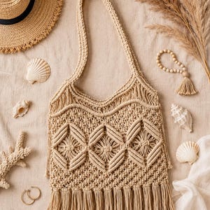 Könnte beinhalten: Eine beige Makramee-Tragetasche mit einem Mittelteil aus rautenförmigen Knotenmustern, einem einzelnen Schulterriemen und einem langen Fransenbesatz an der Unterkante. Die Tasche besteht aus gewebter Kordel mit einem strukturierten Lochmuster.