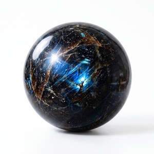 Natural Arfvedsonite Crystal Ball | Electric Blue Flash Sphere | Rare Black Mineral Specimen