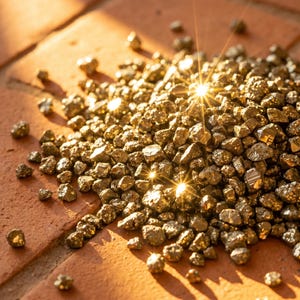 May include: A large pile of small, metallic, gold-colored pyrite mineral stones with sharp, angular edges. The stones have a reflective, crystalline surface that catches the light, creating bright starburst glints across the cluster.
