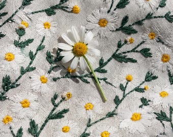Embroidery Cotton Linen Fabric by the Yard, Soft Ivory Floral Fabric, Daisy Sewing Fabric, Cafe Curtain Fabric, Dress & Home Decor Fabric