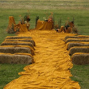 Op de afbeelding: Een buitenopstelling met rijen hooibalen bedekt met mosterdgele stof, die leiden naar een centrale tafel met een bijpassend kleed. Het arrangement bevat terracotta potten gevuld met oranje bloemen en hoge groene grassen.