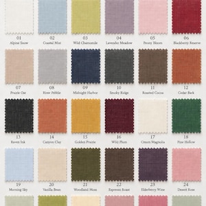 May include: A Tencel Linen fabric color card featuring thirty square swatches with pinked edges, arranged in a grid. Each swatch is labeled with a number and a color name, including Alpine Snow, Coastal Mist, and others, under the title Tencel Linen Fabric Color Card, Natural Comfort, Timeless Beauty.