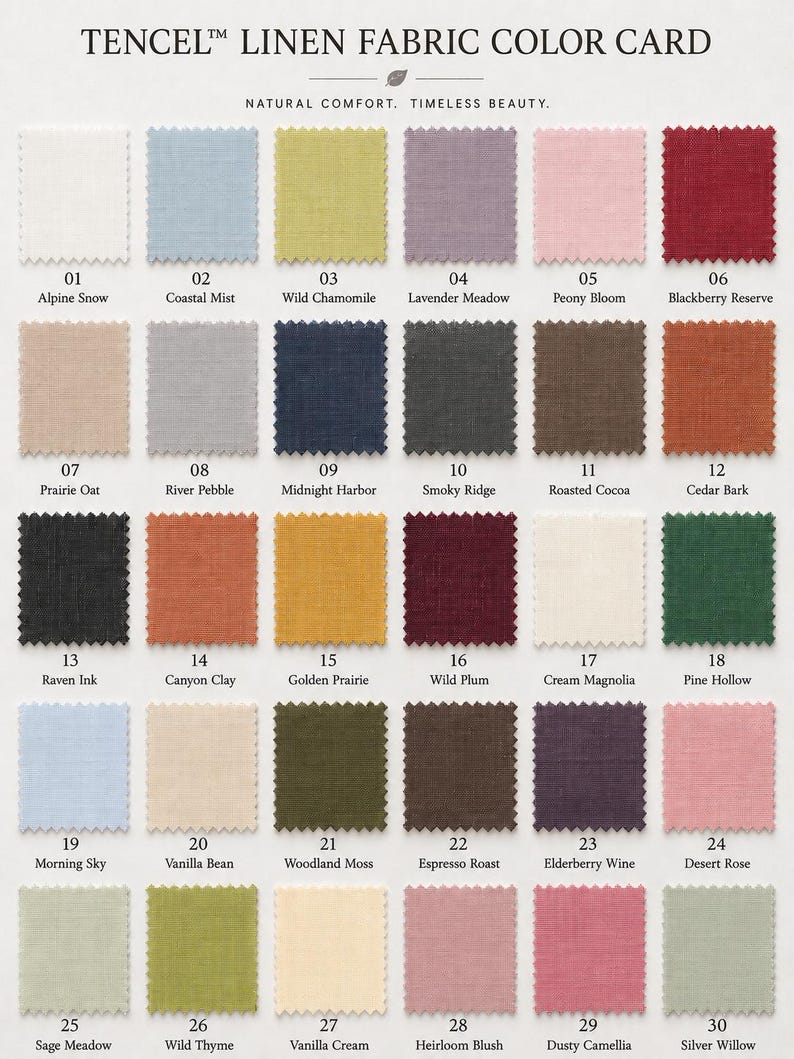 May include: A Tencel Linen fabric color card featuring thirty square swatches with pinked edges, arranged in a grid. Each swatch is labeled with a number and a color name, including Alpine Snow, Coastal Mist, and others, under the title Tencel Linen Fabric Color Card, Natural Comfort, Timeless Beauty.