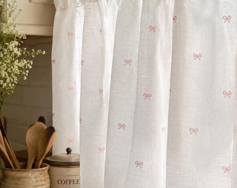 Cottagecore Embroidered Fabric by the Yard, Bow Pattern Cotton Linen Blend, Semi Sheer Cafe Curtain Material, French Country Decor