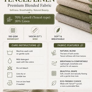 Op de afbeelding: Een infographic over Tencel linnen gemengde stof met een stapel van vier gevouwen stofstalen in beige, lichtgrijs, olijfgroen en donkergrijs. De tekst vermeldt een samenstelling van 70% Lyocell en 30% linnen, 180 GSM gewicht en 145cm breedte.