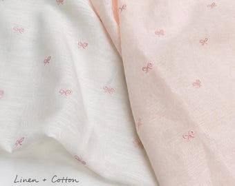 Embroidered Cotton Linen Fabric by the Yard, Semi Sheer Bow Fabric, Lightweight Natural Cloth for Cafe Curtains, Summer Dresses, Pajamas