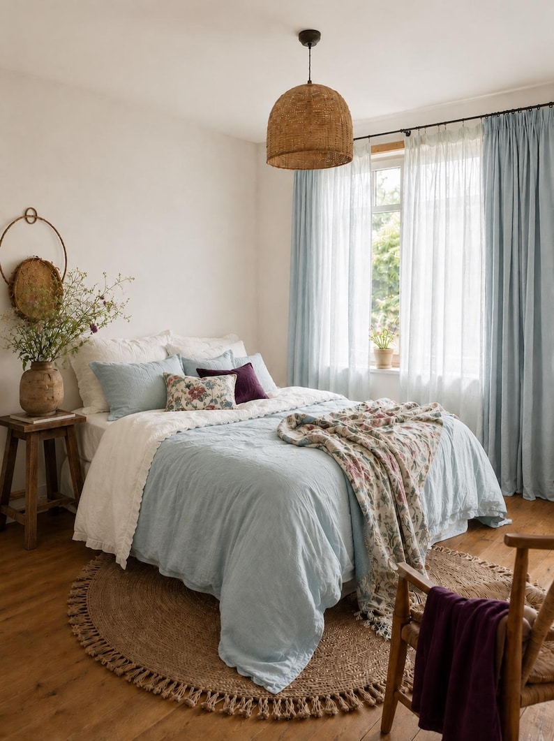 May include: A bedroom featuring a bed with a light blue duvet, white and blue pillows, and a floral throw blanket. A woven pendant light hangs above, and light blue curtains frame the window. A round jute rug sits on the floor.