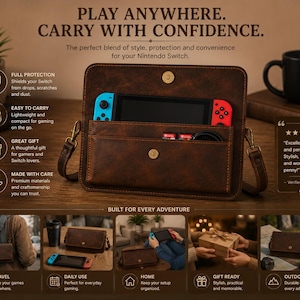 以下が含まれることがあります： Nintendo Switch用ブラウンのレザー調キャリングケース。マグネット式フラップ開閉、調節可能なショルダーストラップ、ゲームカードを収納できるフロントポケットを備えています。ケースはプロモーションテキストと共に表示されています。
