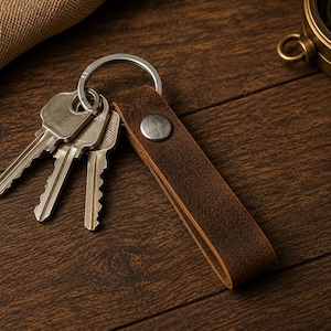 May include: A dark brown leather keyring strap featuring a silver-toned metal snap button fastener. A circular silver-toned metal split ring is attached to the leather strap, holding three standard silver-toned metal keys of varying sizes.