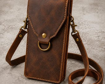 Leather Phone Crossbody Bag, Handmade Phone Wallet Purse, Full Grain Leather Phone Pouch, Card Holder & Cash Pocket Bag