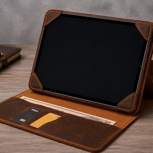 May include: A brown leather tablet case featuring a folio design with corner straps to secure the device, a side closure tab, and interior slots for cards and currency. The case is positioned in a landscape orientation to hold the tablet upright.