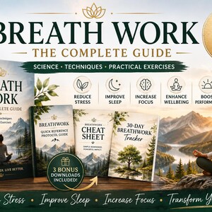 Pode incluir: Um conjunto de quatro livros intitulados Breath Work: The Complete Guide, incluindo um guia de referência, uma folha de dicas e um rastreador de 30 dias. As capas mostram paisagens de montanha e uma pessoa meditando na natureza.