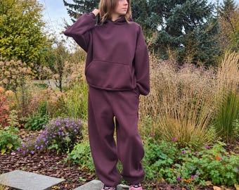Plumfarbene, weite Jogginghose, Unisex-Jogginghose mit weitem Bein, Baumwoll-Jogginghose, Hose mit lockerer Passform, schwere Baumwollhose