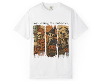 Camiseta del trío de esqueletos esperando Halloween / Camiseta de calavera y calabaza de Halloween