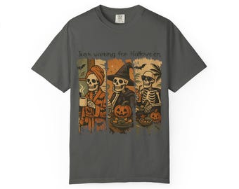 Camiseta del trío de esqueletos esperando Halloween / Camiseta de calavera y calabaza de Halloween